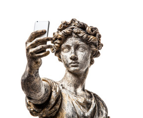 Obraz premium Ancient weathered marble statue of a classical deity taking a selfie with a modern smartphone, a conceptual and humorous juxtaposition of old and new