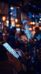 Young woman looking at smartphone with connection graphic. Night city lights reflection on glass creates moody urban atmosphere. Ideal for technology and communication concepts.