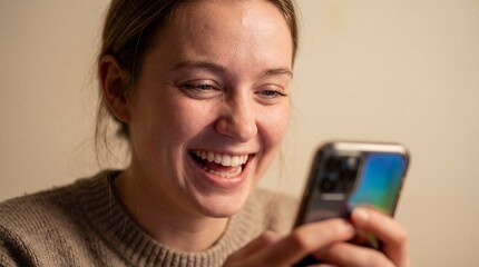 Close up of cheerful young woman laughing at phone screen. Authentic happy emotion and genuine joy from good news or funny message. Concept of mobile communication and technology use.