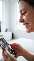 Close up of a young woman crying tears of joy while on a video call with friends. Emotional connection through technology concept. Perfect for lifestyle and communication themes.