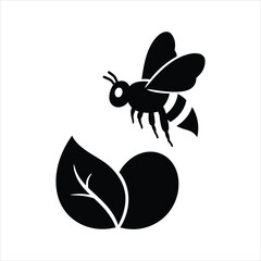 a simple black and white icon depicting a bee hovering over a leaf