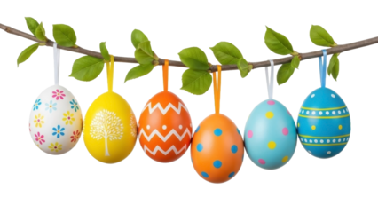 Easter Eggs with Floral and Geometric Decorations on Branch PNG
