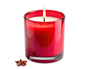 A burning red candle in a glass holder, with an anise star in the corner, on a transparent background