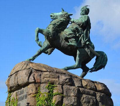 KIEV UKRAINE: Bohdan Khmelnytsky Monument dedicated to the Hetman of Zaporizhian Host Bohdan Khmelnytsky. It is one of the oldest sculptural monuments of Sophia Square a city's symbols