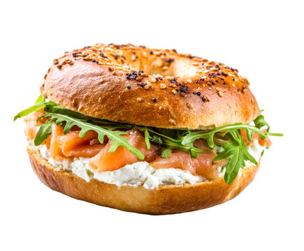 Delicious everything bagel sandwich with smoked salmon, cream cheese, and fresh arugula, a classic brunch or breakfast meal with a golden toasted bun and sesame seeds