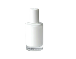A pristine white nail polish bottle, glass base, white cap, isolated