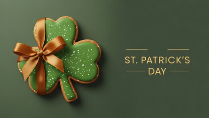 St patrick's day green shamrock cookie with gold ribbon