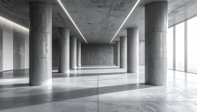 Concrete interior with symmetrical columns, natural light, shadows creating depth and geometric rhythm.
