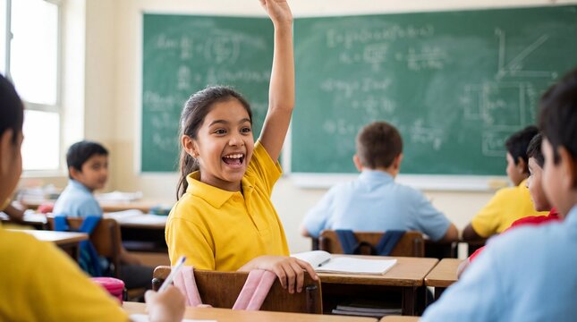 Happy school girl raising hand, indian student classroom, smart kid answering, education concept, active learning, yellow uniform, blackboard, smiling child, primary school, study, knowledge.