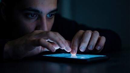 Close-up of a young man typing on a smartphone screen in a dark room, illuminated by the device's blue light. Ideal for concepts of technology addiction, insomnia, or cyber security.