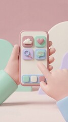 3D cartoon hands holding a smartphone with pastel app icons. Cute minimal design suitable for mobile app concepts, social media marketing, and technology illustrations.
