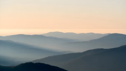 Mountain Range Silhouette in Serene Misty Landscape with Soft Gradient Lighting for Panoramic Wallpaper