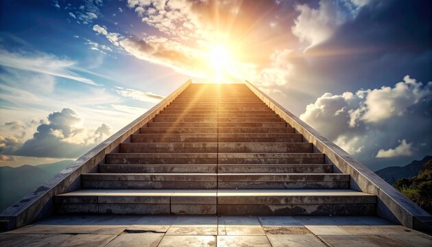 Stone staircase ascending symmetrically into radiant light, vibrant sky with clouds, evoking transcendence and aspiration.