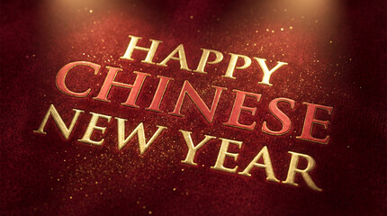 Happy Chinese New Year 3d golden text on red grunge background, festive lunar holiday greeting card, sparkling glitter dust particles wallpaper, luxury celebration banner, asian tradition concept.