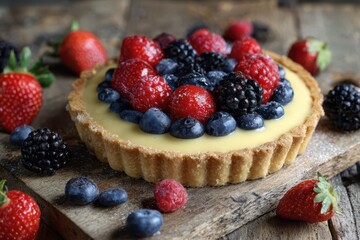 Gourmet summer tart with custard cream, berries arranged in a ring on a wooden platter