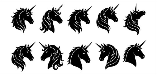 Collection of ten elegant black unicorn head silhouettes in various profile views, featuring majestic horns and flowing manes for heraldic logo design and fantasy branding. 