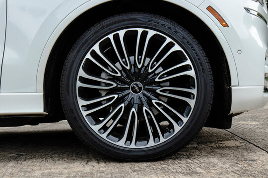 September 19, 2021, Seoul, South Korea - Close-up of a white Lincoln Aviator's wheel and Goodyear Eagle Touring tire
