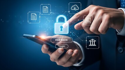 Businessman using a smartphone to securely access encrypted digital information on a mobile app