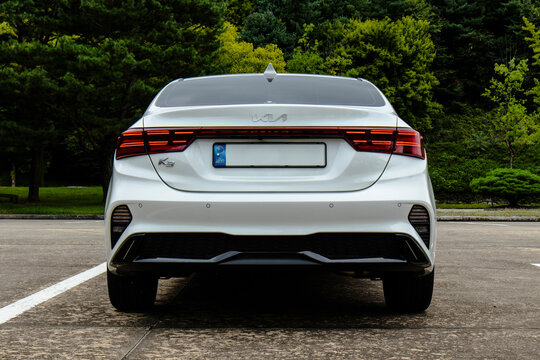 September 19, 2021, Seoul, South Korea - Rear view of a white Kia The New K3 sedan