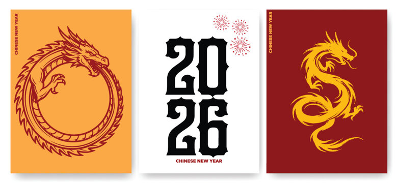 Chinese New Year 2026 dragon poster set with circular and serpent designs, year of the dragon celebration cards with traditional symbols, lunar festival greeting templates with typography