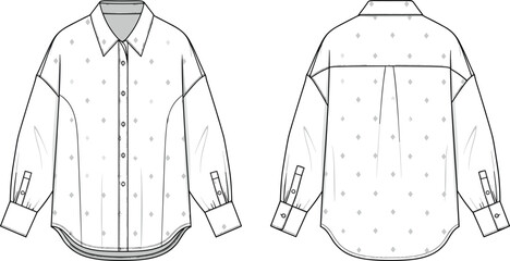 Fashion technical sketch of a womens oversized long sleeve button down shirt with diamond print pattern front and back view apparel template isolated on white, © Itz Mehedi's World