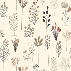 Minimal line art nature illustration, elegant vector, seamless, neutral colors, high-resolution, simple plant shapes