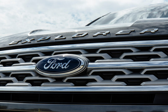 September 15, 2021, Seoul, South Korea - Close-up of the front grille and Ford logo on a Ford Explorer SUV