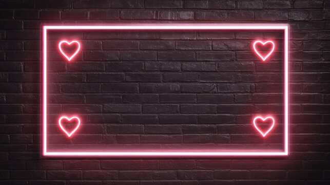 Neon Hearts on Brick Wall: Vibrant neon hearts encircle a glowing frame, illuminating the textured surface of a dark brick wall. A striking visual blend of modern and urban aesthetics. 