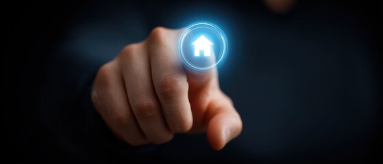 Hand pressing virtual home icon in dark background showing digital connection and technology