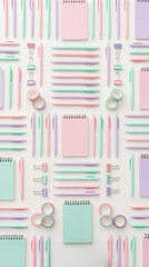 Organized flat lay of pastel pens, notebooks and camera on white background. Aesthetic composition for creative workspace, school or blogging concepts.