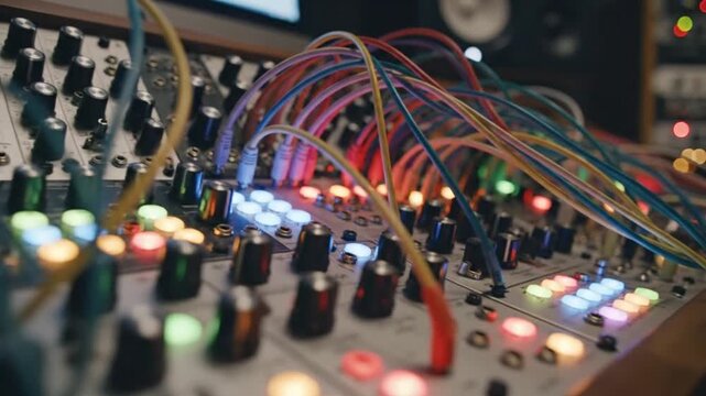 Modular Synthesizer with Colorful Patch Cables, Electronic Music Production