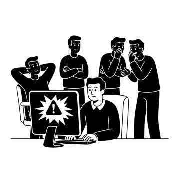 April Fools Office Coworkers Whispering During Computer Prank Black and White Cartoon Illustration