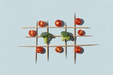 Creative Vegetable Tic Tac Toe Game With Cherry Tomatoes Broccoli On Blue Minimal Background