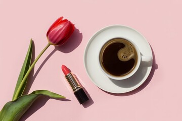 Minimal Flat Lay Coffee Cup With Lipstick And Red Tulip On Pink Pastel Background