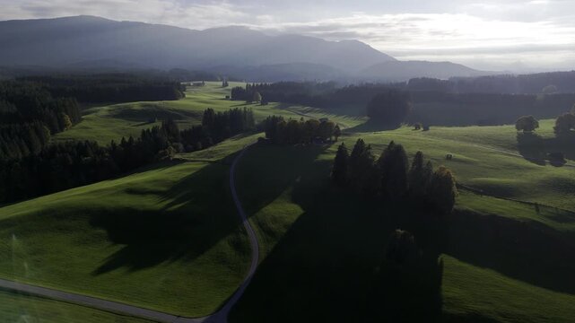 Drone aerial Bavarian pasture landscape with green Pfaffenwinkel meadows, long morning shadows and hazy Ammergau Alps, ideal fortourism campaigns.