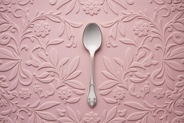 Elegant Silver Spoon on Pink Floral Embossed Background Flat Lay