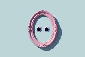 Pink Oval Frame with Googly Eyes on Pastel Blue Minimal Background