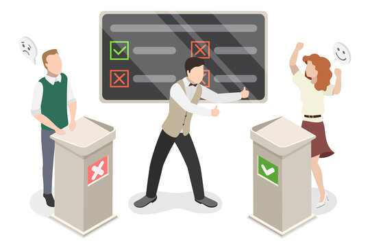 3D Isometric Flat  Illustration of Trivia, TV Quiz Show With Host And Two Participants Answering Questions