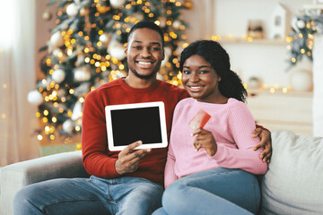 Couple sits on a couch holding a tablet and a gingerbread cookie. They enjoy holiday decorations in their cozy living room. A Christmas tree shines in the background.