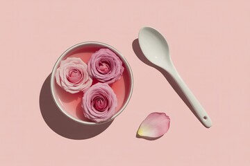 Pink Roses in Ceramic Bowl with Spoon on Soft Pastel Background Flat Lay