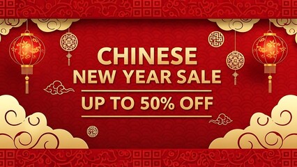 Chinese New Year Sale Banner with Red Lanterns and Clouds