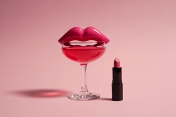 Surreal Pink Lip Cocktail Glass with Lipstick Minimal Beauty Concept