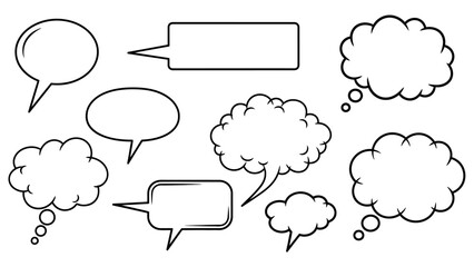 Obraz premium Clean Set of Simple Speech and Thought Bubbles, Black Outline Design on Isolated White Background