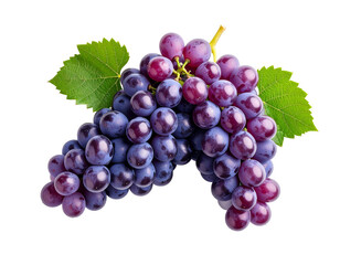 Fototapeta premium A vibrant bunch of purple grapes with green leaves on a black background Transparent PNG