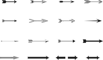 Collection of various black and white arrow icons on white background