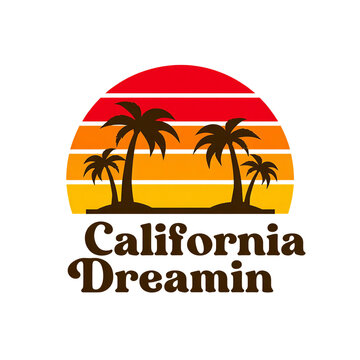 Retro sunset palm trees california dreamin vintage summer beach travel vacation poster art