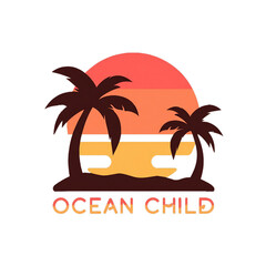 Ocean child sunset with palm trees silhouette vector art