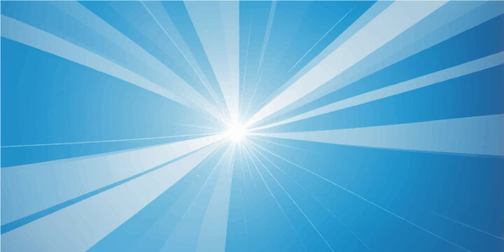 An abstract blue sunburst background features bright light rays and a glowing summer starburst design with vector sunlight flares erupting from a vibrant sky blue explosion
