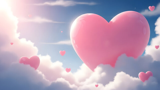 A large pink heart floats among fluffy white clouds in a bright blue sky