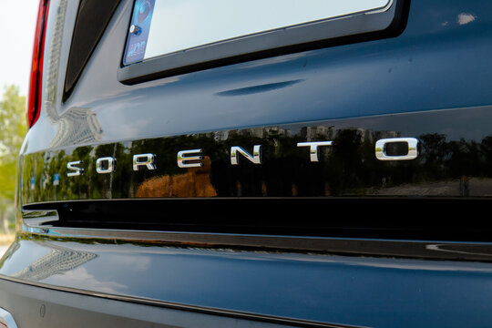 August 24, 2021, Seoul, South Korea - Close-up of the Sorento emblem on the rear of a black Kia Sorento SUV